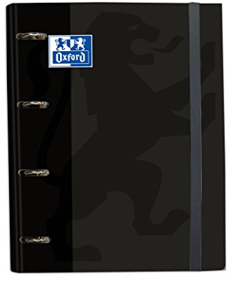 Archivador 4 anillas con recambio y goma Oxford, Tapa Extradura A4+con Recambio 100 Hojas, Cuadrícula 5x5, Color Negro