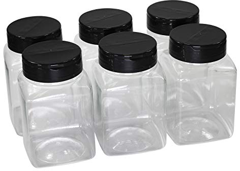 Pinnacle Mercantile Plastic Spice Jars 6-Pack Square Large 17 oz.Clear Containers Sifter Shaker Spoon Lid Refillable for Seasonings, Herbs, BBQ, Spices