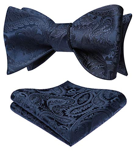 HISDERN Fliegen für Herren Marineblau Fliege mit Einstecktuch Set Klassische Paisley Selbstgebundene Smoking Schleife für Hochzeit