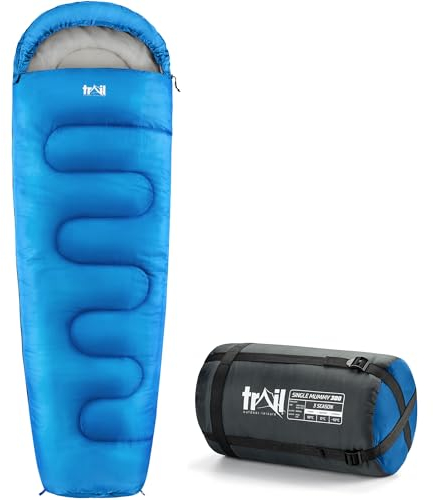 Trail 1-Personen Schlafsack für Erwachsene – Schlafsack 3 Jahreszeiten, Outdoor Frühling Herbst Winter – 300 GSM – für Camping im Freien – Innentaschen - Leichter Kompressionssack - Blau