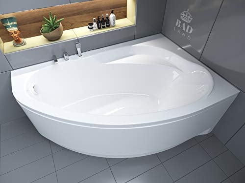 BADLAND Badewanne Original Weiß Acryl Wanne Eckbadewanne MAREA 160x100 Links KOMPLETTSET SET mit Weiß Acrylschürze + Füßen und Exklusive Chrom Automatik Ablaufgarnitur Made in EU 4in1