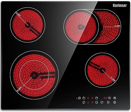 Karinear Ceramic Hob, 60cm Built-in 4 Zones Electric Cooktop with Dual Oval Zone 6600W, Hard Wired, No Plug Included