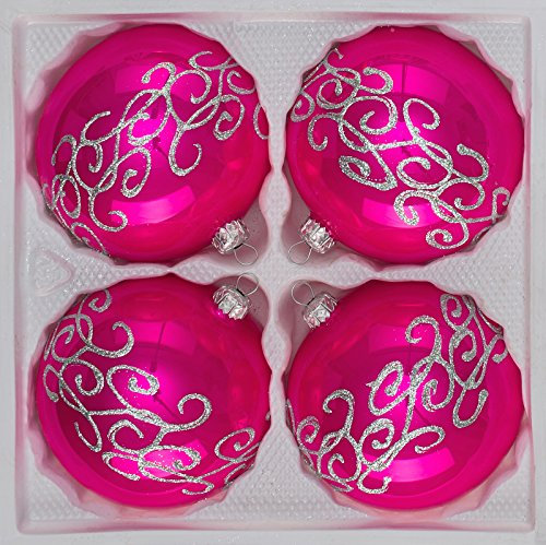 4 TLG. Glas-Weihnachtskugeln Set 8cm Ø in 'Hochglanz Pink' Silberne Ornamente - Neuheit - Christbaumkugeln - Weihnachtsschmuck-Christbaumschmuck 8cm Durchmesser
