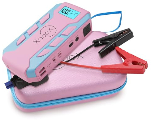 XoooX Pink Portable Car Battery Jump Starter Kit with Jumper Cables, LED Light and Case; 12V Jump Start Battery Pack; Portable Battery Charger for USB/USB-C Devices