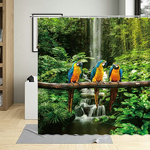 YUAOEUR Rideau de douche 3D sur le thème de la jungle tropicale pour perroquet, oiseau bleu et jaune, palmier vert, salle de bain, scène de décoration personnalisée avec crochet 180.3x180.3 cm