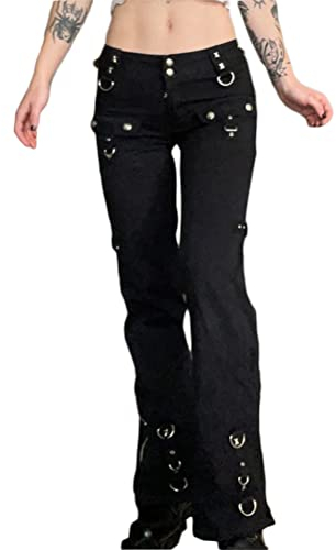 Onsoyours Damen Hohe Taille Jeanshosen Breites Bein Baggy Jeans Grafik Print Denim Hosen Gothic Dunkel Punk Cargo Pants Teenager Mädchen Streetwear Schwarz 04 L