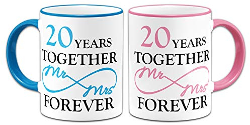 Pair of Mr & Mrs Together Forever Anniversary (20th China) Novelty Gift Mugs - Blue & Pink
