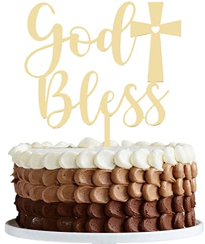 LOVENJOY God Bless Cake Topper Gold Acrylic Mirror for Batism, Communion, Confirmation or Christening, Gift Boxed