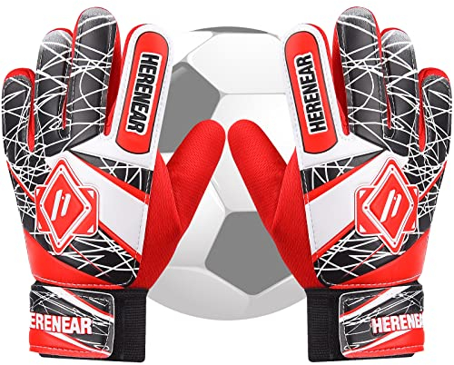Herenear Torwarthandschuhe Kinder und Jugendliche, Junior Fußballhandschuhe Fußball Torwarthandschuhe, Torwart Fußball Handschuhe mit Fingersave, Stärken Grip und rutschfeste (6, Red)