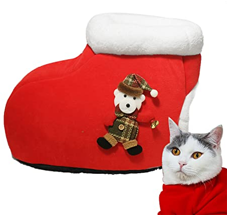 BEE&FLOWER Weihnachten Katzenbett Weihnachtsren/Weihnachtsstiefel Katzenhöhle Weich Plüsch Katzenschlafplatz Waschbar Katzenkorb für Katzen Hunde-rot L