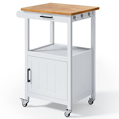 Qsun Isla de cocina pequeña sobre ruedas con tapa de madera y cajón, carrito con estante abierto y armario de almacenamiento para comedor, color blanco