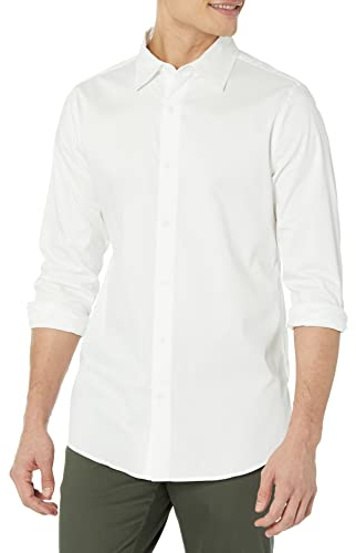 Amazon Essentials Men's Slim-Fit Long-Sleeve Stretch Dress Shirt, White, L