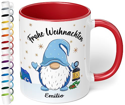 True Statements Weihnachtstasse mit Namen personalisiert „Frohe Weihnachten Wunschname“ - 330ml Keramik Kaffeebecher mit Wichtel-Motiv und Spruch – Geschenk zu Weihnachten (Rot)