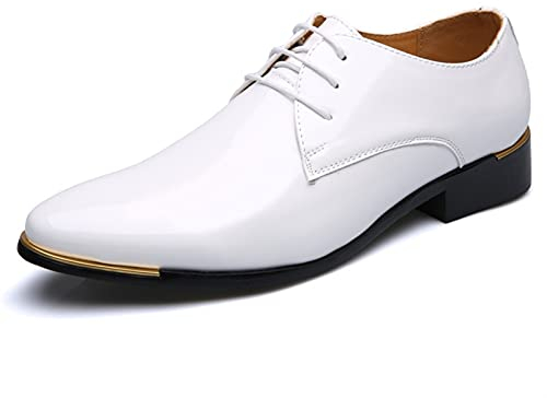 Scarpe Oxford Eleganti da Uomo - Derby Stringate Lucide Con Punta Arrotondata in Pelle Verniciata Antiscivolo Low Top per Prom (Bianca, 46 EU)
