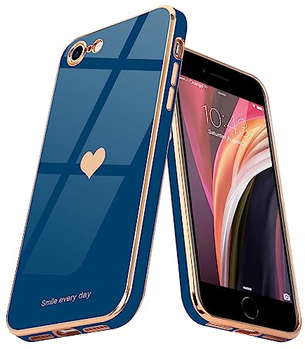 Teageo for iPhone SE 2022/7 / 8 / SE 2020 Case Cute Heart Pattern for Women Girls Slim Luxury Bling Plating Soft Shockproof Bumper for iPhone 7/8/SE 2/SE 3, Royal Blue