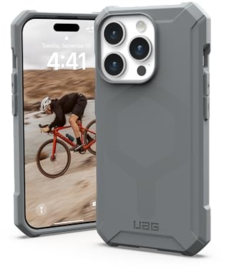 URBAN ARMOR GEAR Essential MS Case kompatibel mit Apple iPhone 15 Pro Hülle [50% recyceltes Material, Wireless Charging/Magnetisches Laden optimiert, 4,6m Fallschutz] Silber