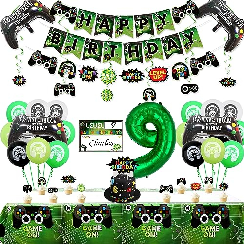 Videospiel Party Dekorationen - 9. Geburtstag Dekorationen für Jungen, Happy Birthday Banner, Videospiel-Ballons, Tischdecke, Controller-Ballon, Gaming-Hängeschild, Gaming-Geburtstags-Party-Zubehör