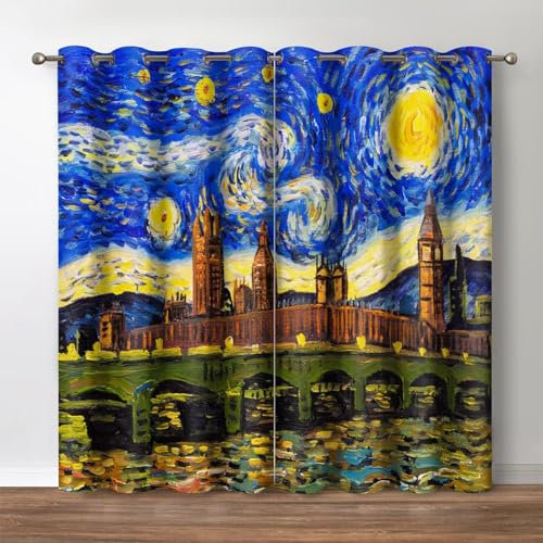 Jekeno Sternennacht Verdunkelungsvorhänge, Ölgemälde – Stadtansicht von London-Dekor, Vintage-Van Gogh-Abstraktions-Thema, Ösen, Fenstervorhänge für Schlafzimmer, Wohnzimmer, 132 cm breit, 213 cm