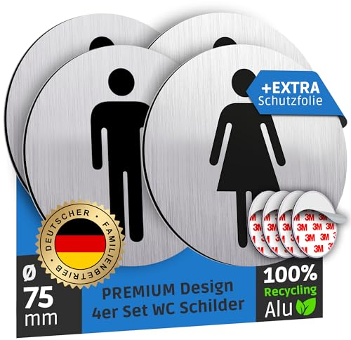 SCHILDERBOXX® WC Schild Selbstklebend - 4er Set Toilettenschild Damen und Herren [Ø75mm, 100% Alu, 3M Tape] – Türschild Toilette Aufkleber Tür, WC-Schilder, Toilettenschilder
