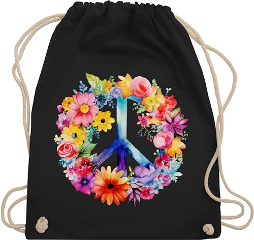 Turnbeutel Rucksack - Statement - Taschen - Peacezeichen I Peace Symbol Hippie I Frieden I 60er I 70er Flower Power I Flowerpower - Unisize - Schwarz - hippie-rucksack - sprüche statements hippy