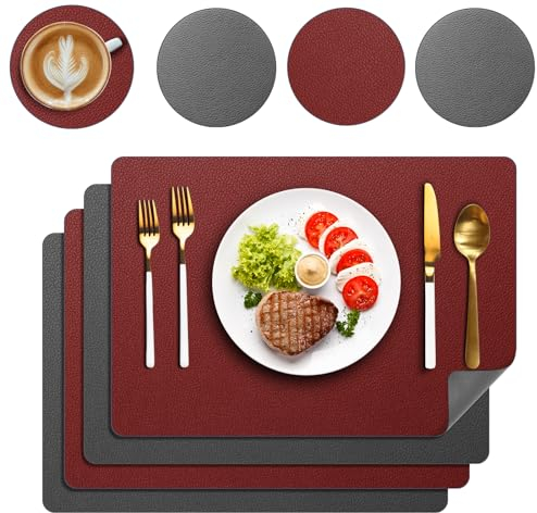 Platzsets Abwaschbar 4er Set, Tischsets Lederoptik Platzdeckchen Abwischbar Doppelseitiges Platzset mit Untersetzer für Küche, Haus, Restaurant, 43x30cm (Rot)