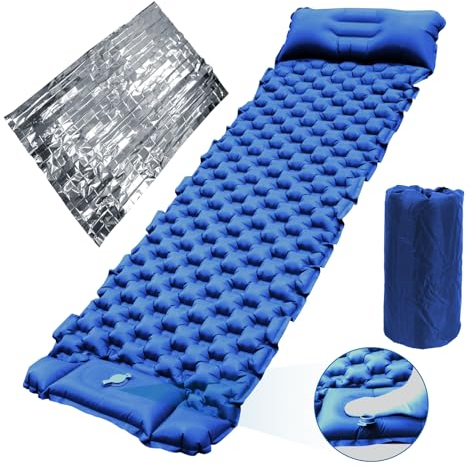 Jirmerp Isomatte selbstaufblasend Camping Isomatte Selbstaufblasend mit Fußpresse Pumpe Tragbare Camping Matratze Luft Isomatte für Camping mit integrierten kopfkissen mit Premium Rescue Blankets