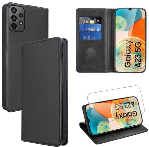 Vauki Coque Cuir pour Samsung Galaxy A23 5G 6.6 avec 1 Verre Trempé Etui à Rabat en PU Porte-Cartes Portefeuille Support Flip Housse Magnétique Antichoc Anti-Rayures Case,Noir