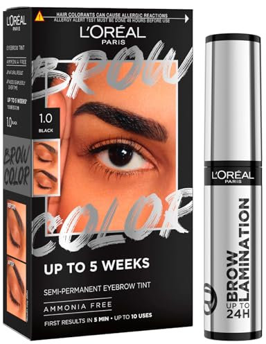 L'Oréal Paris Teinture à sourcils pour un éclat Brow Color Gel de lamination professionnel Transparent + Plastification des sourcils Infallible 24h Brow Lamination Couleur 1.0 Noir