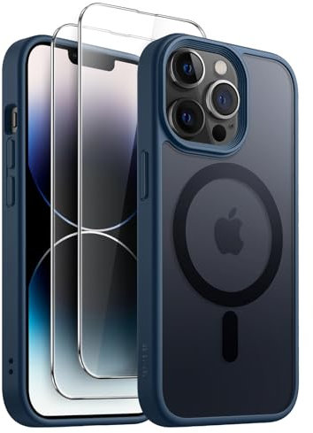 JETech 3 in 1 Magnetic Case for iPhone 14 Pro 6.1-Inch with 2-Pack Tempered Glass Screen Protector, Compatible with MagSafe, Translucent Matte Back Shockproof Phone Cover (Storm Blue)