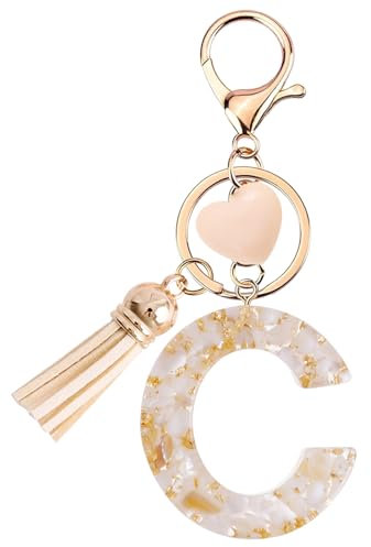 Vorysum Porte-clés pour fille - Pendentif en forme Cœur - Porte-clés avec lettre porte-clés fille initiale- Cadeau pour femme gland or porte clef femme,beige