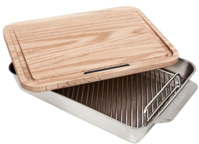 Ooni Medium 15 x 10 Roasting Pan - Non Stick Stainless Steel Roasting Tray with Rack and Wooden Carving Meat Board, Ovensafe Cookware, Roaster Tin