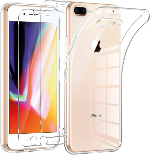 Generico Cover per iPhone 7 Plus / 8 Plus + 2 Pezzi Pellicola Protettiva in Vetro Temperato, Trasparente Custodia in TPU, Antiurto e Sottile in Silicone, Resistente all'ingiallimento, protettiva.