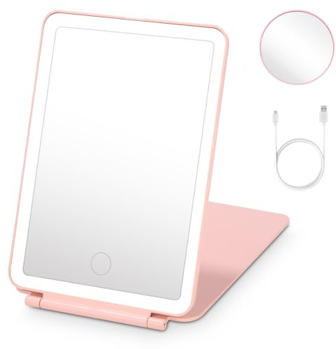 Espejo con Luz USB Recargable, Maquillaje Vanity Mirror, Aumento 10X, Tocador Viaje Portátil, Iluminación 3 Colores, Pantalla Táctil, Cosmético Mesa, Rose