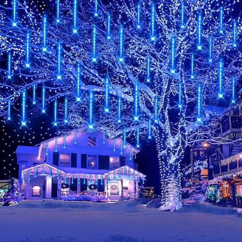 Kwaiffeo Outdoor Christmas Decorations, 20 Tube (Longer Size) Meteor Shower Christmas Lights, IP44 Waterproof LED Lights for Xmas Halloween Decor Yard Lawn Outside Party, Blue