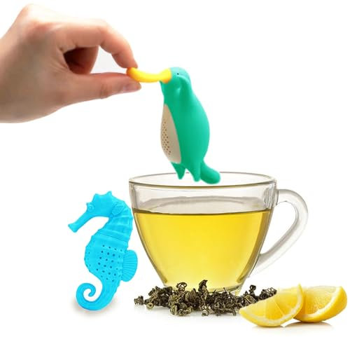 LUHEVIDIA boule a the mignon, infuseur thé en silicone, aspect animal amusant, réutilisable, convient à tous les types de thé en vrac(Ornithorynque + hippocampe)