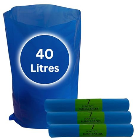 Lot de 21 grands sacs à gravats bleus très résistants pour débris de construction, déchets de jardin, déchets ménagers, 40 litres et 30 kg