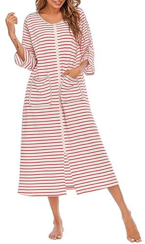 Chemise de nuit pour femme grande taille | Robe à carreaux noire et blanche rayée longue chemise de nuit à fermeture éclair pyjama à carreaux confortable mi-long vêtements de nuit amples vêtements de