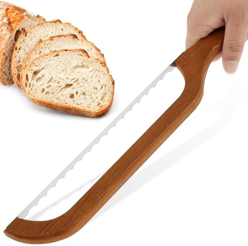 Gatphy Bread Bow Saw for Slicing, 40cm Serrated Bagel Cutter Wooden Bread Bow Cutter with Wooden Handle Practical Sourdough Slicer for Homemade Bagels Baguettes (Brown)