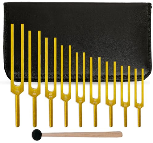 NS Crafts® 9 Piece Gold Solfeggio Tuning Fork Set, Silicone Hammer | 174-963Hz, with Carrying Bag, Sound Healing, Chakra Balance & Wellness Therapy Kit