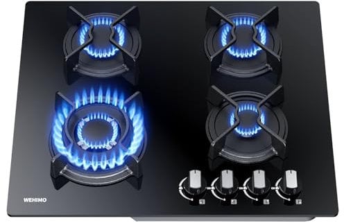 WEHIMO Piano Cottura a Gas 4 Fuochi da Incasso, 60cm, 7800W, Protezione Flame-Out, Gas Naturale/Propano/Butano, Vetro Nero