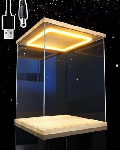 Minglez Acryl Vitrine Schaukästen mit LED-Beleuchtung und Tür, Stapelbare Aufbewahrungsbox für Kosmetik/Schmuck, Organizer-Abdeckung mit Holzsockel für Erinnerungsstücke(30x30x10cm(12x12x4in))