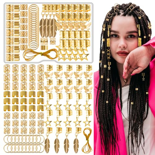 90 Stück Dreadlocks Schmuck, Wikinger Haarschmuck Gold, Metall Braids Schmuck, Verstellbar Haarperlen für Zöpfe Hair Accessories Haarringe Cuffs für Männer Frauen Mädchen Jungen Braids Zubehör
