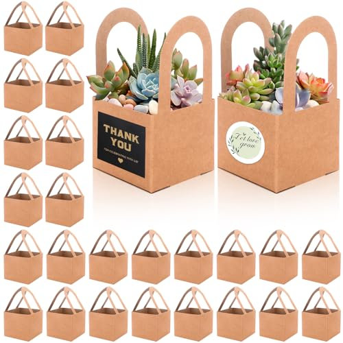 60pcs Succulent Wrap Bags Bulk with Thank You Stickers Fits 2.5 Inch Pots, Mini Kraft Paper Succulent Gift Box Basket with Handles for Wedding, Baby Shower, Succulent Plants Party Favors for Guest