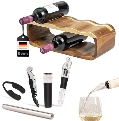 eluno Weinregal-Set 6tlg. inkl. Dekanter-Ausgießer mit Verschluss, Kellnermesser, Vakuumverschluss, Kühlstab und Folienschneider, Set für Weinliebhaber, Sommelier-Set, aus Akazienholz