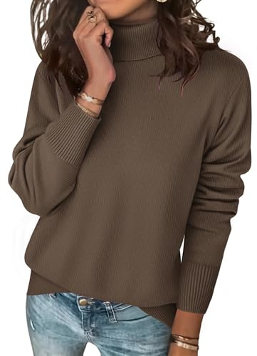 Zeagoo Womens Turtleneck Sweaters UK Knit Casual Long Sleeve Tops Pullover Soft Jumper Brown XL