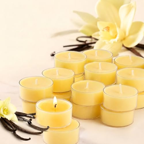 6-Hour Vanilla Scented Tealight Candles – 14 Pack, Paraffin-Free, Ivory Cream Tea Lights Candle for Cozy Ambiance, Halloween Christmas Decor,Emergency Use, Clean Long Burn & Smokeless
