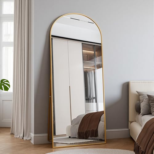 Générique Miroir sur Pied 180 x 80cm, Arqué Miroir Pleine Longueur, Miroirs Arqué avec Cadre en Métal, Support, miroirs sur Pied Penché ou Suspendu pour Salon, Chambre, Entrée,Or