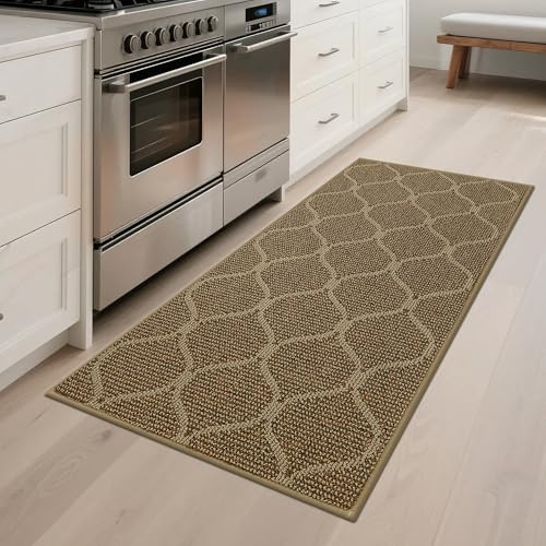 COSY HOMEER Küchenteppich rutschfest 60 x 120 cm, Beigebraun | Küchenläufer mit marokkanischem Rautenmuster, rutschfest, waschbar, schmutzabweisend, 100% Polypropylen, für Flur und Eingang