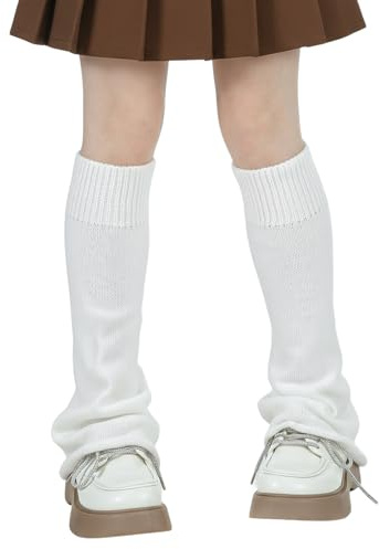 Bremorou 2 scaldamuscoli in maglia Y2K per donne e ragazze, carini stile Harajuku, calzini caldi per gambe lunghe e grosse, bianco, 16.93 x 9.05 inches/43 x 23 cm