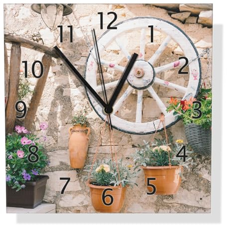 Wallario Design Wanduhr Wagenrad an Natursteinwand aus Aluverbund, Alu-Uhr Größe 30 x 30 cm, Schwarze Zeiger mit Metalloptik